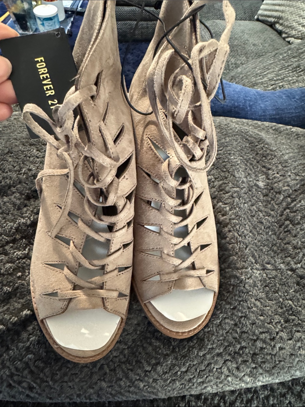 Forever 21 Taupe Lace-Up Suede Peep Toe Heels